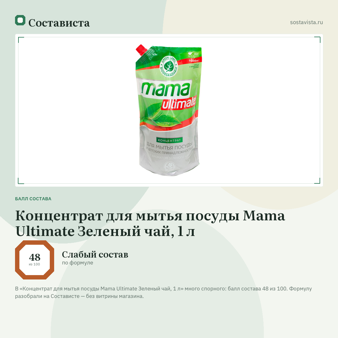 Концентрат для мытья посуды Mama Ultimate Зеленый чай, 1 л: балл состава 48 из 100 — Состависта