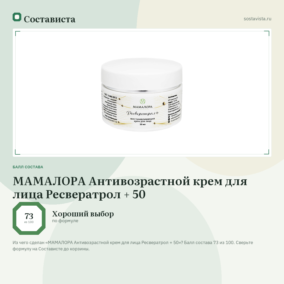 МАМАЛОРА Антивозрастной крем для лица Ресвератрол + 50: балл состава 73 из 100 — Состависта