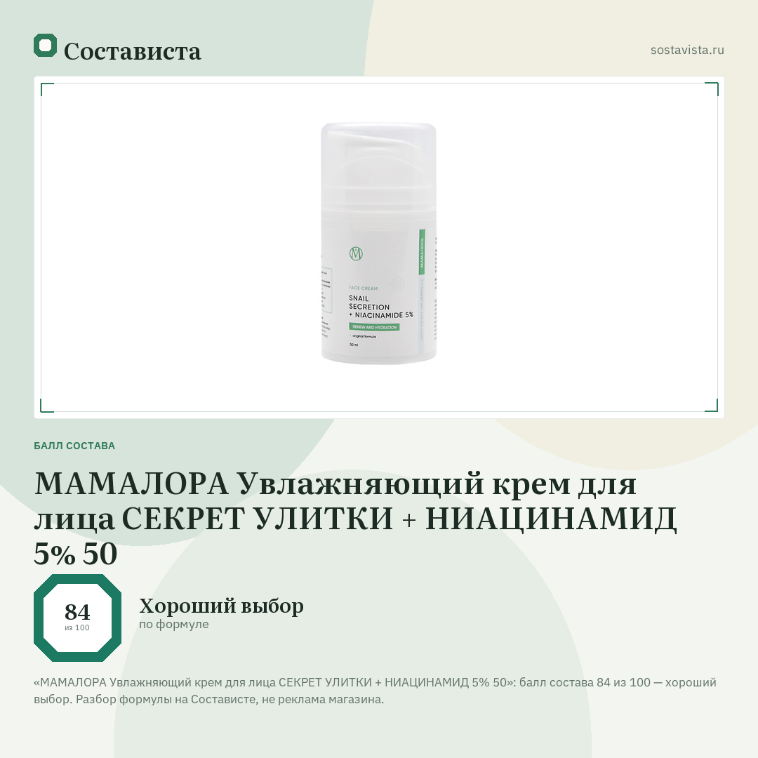 МАМАЛОРА Увлажняющий крем для лица СЕКРЕТ УЛИТКИ + НИАЦИНАМИД 5% 50: балл состава 84 из 100 — Состависта