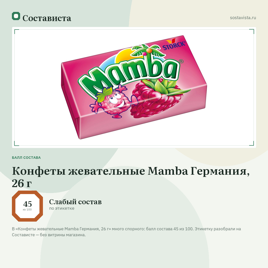 Конфеты жевательные Mamba Германия, 26 г: балл состава 45 из 100 — Состависта