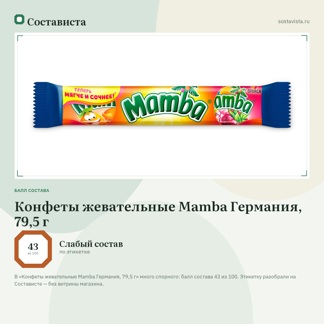 Конфеты жевательные Mamba Германия, 79,5 г: балл состава 43 из 100 — Состависта