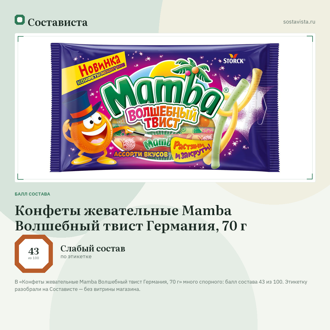 Конфеты жевательные Mamba Волшебный твист Германия, 70 г: балл состава 43 из 100 — Состависта