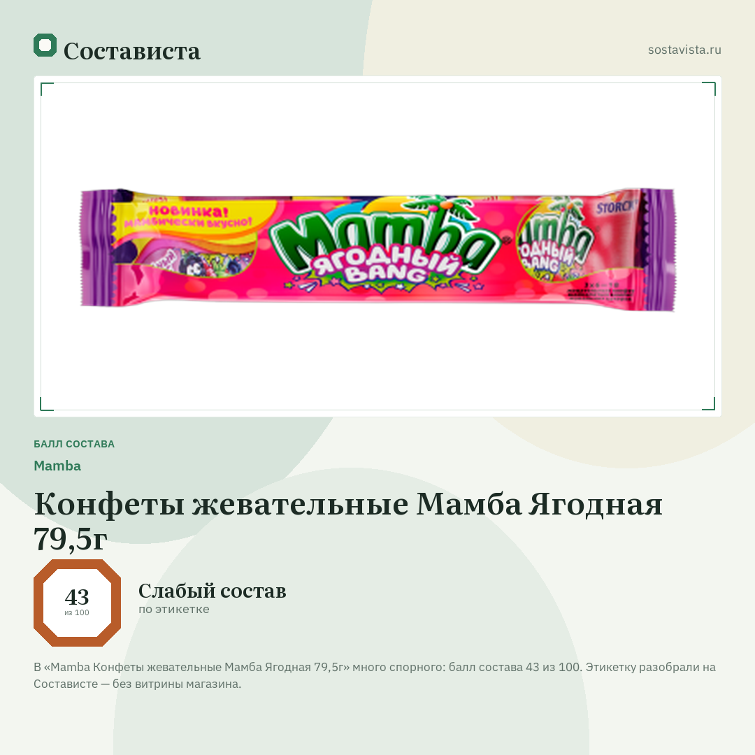 Mamba Конфеты жевательные Мамба Ягодная 79,5г: балл состава 43 из 100 — Состависта
