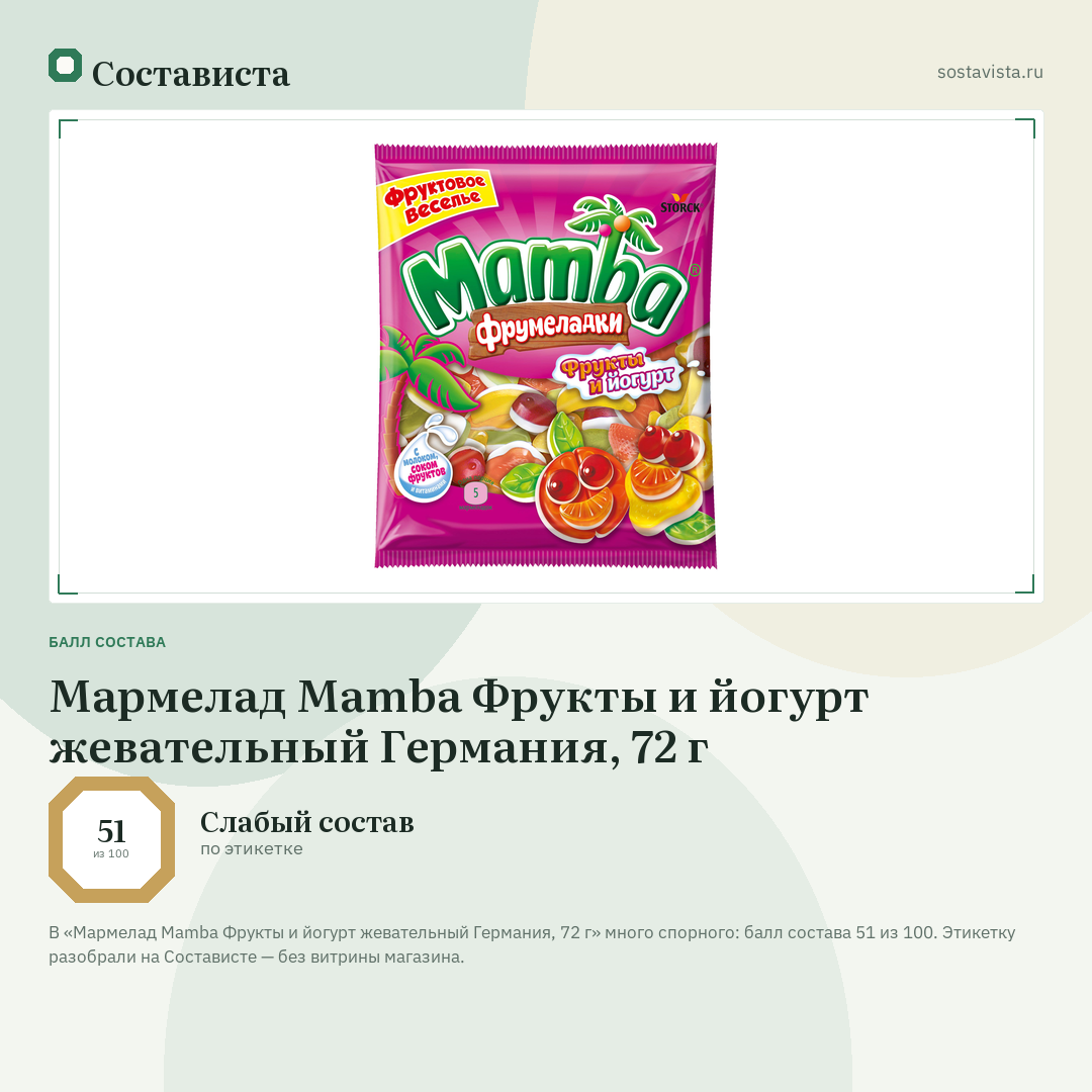 Мармелад Mamba Фрукты и йогурт жевательный Германия, 72 г: балл состава 51 из 100 — Состависта