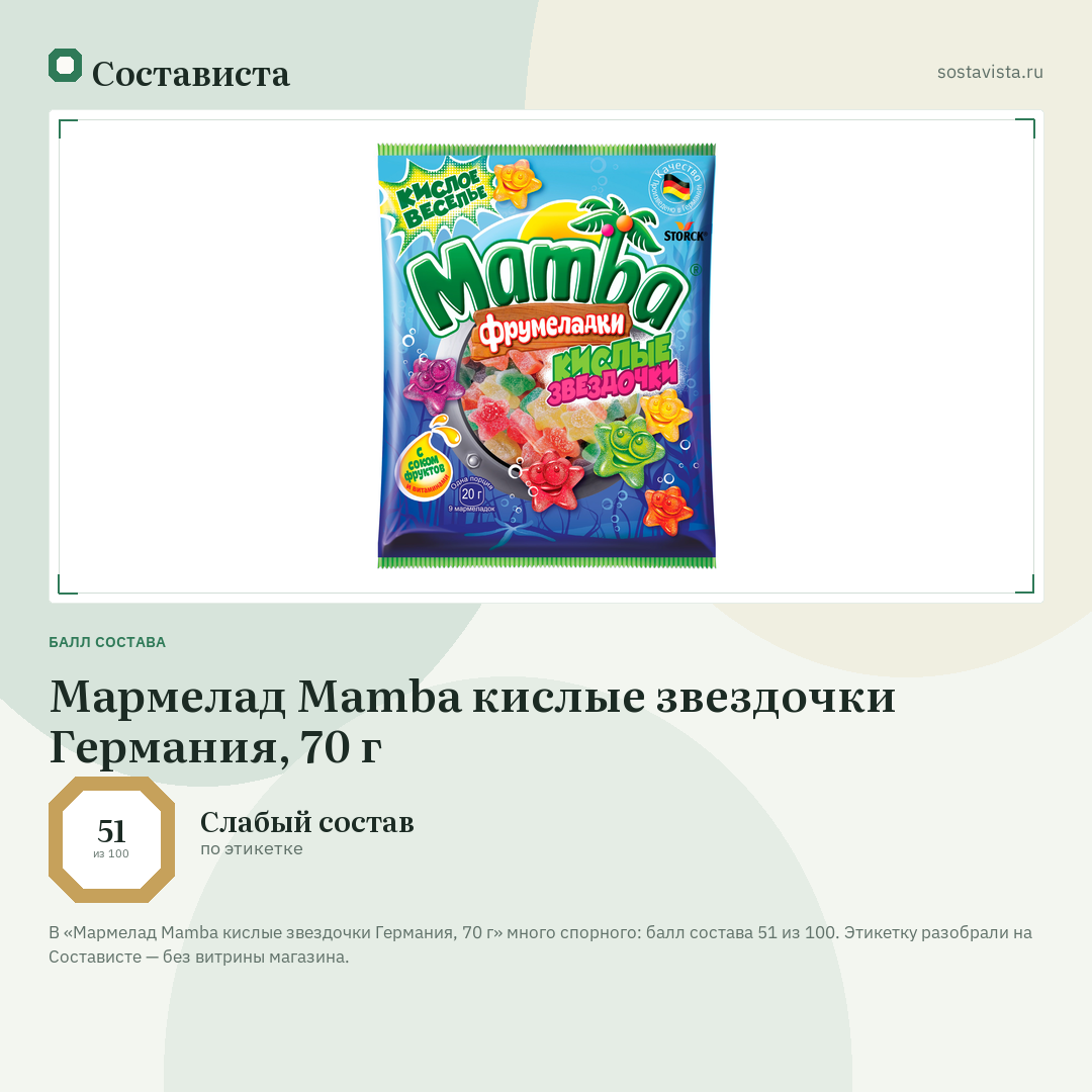 Мармелад Mamba кислые звездочки Германия, 70 г: балл состава 51 из 100 — Состависта