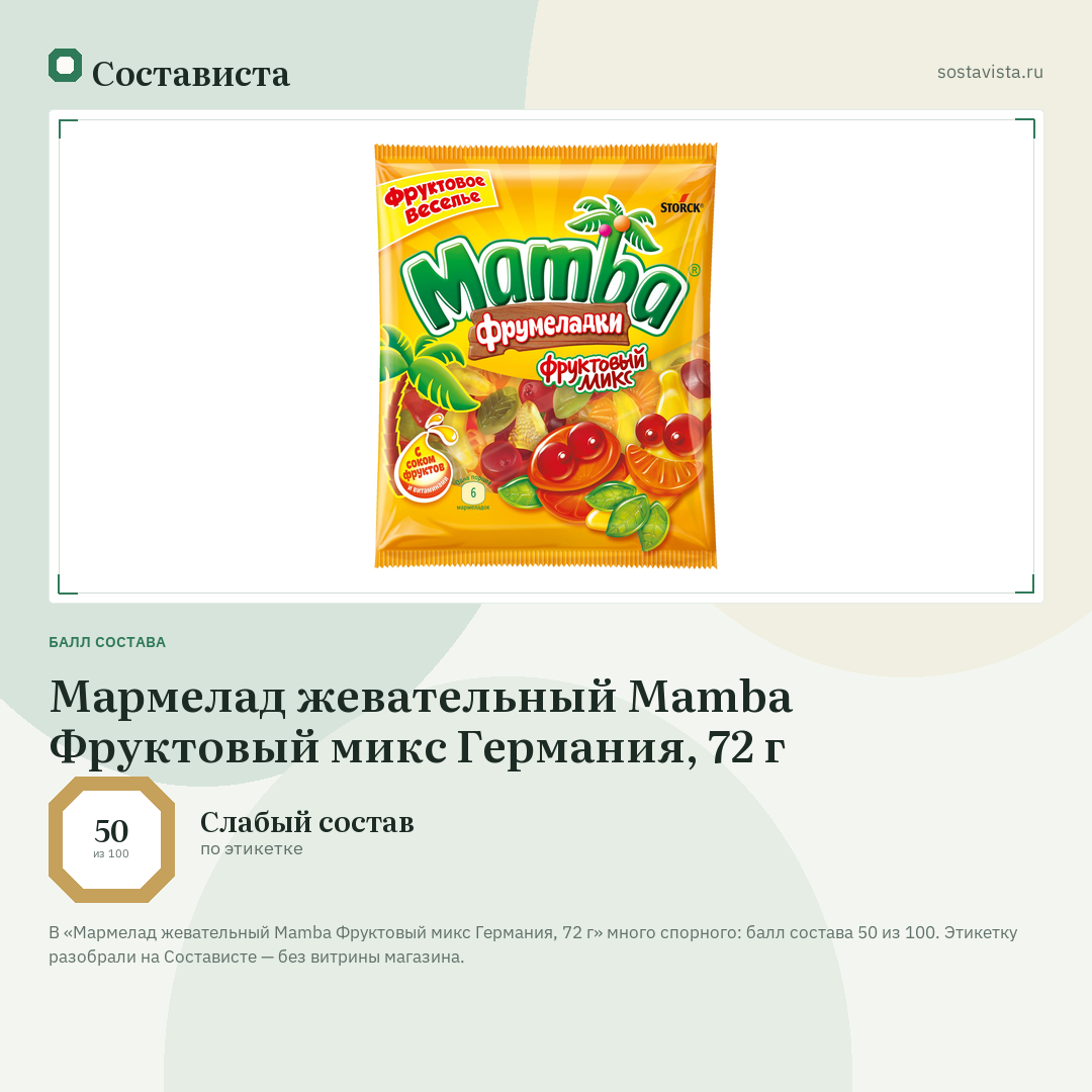Мармелад жевательный Mamba Фруктовый микс Германия, 72 г: балл состава 50 из 100 — Состависта
