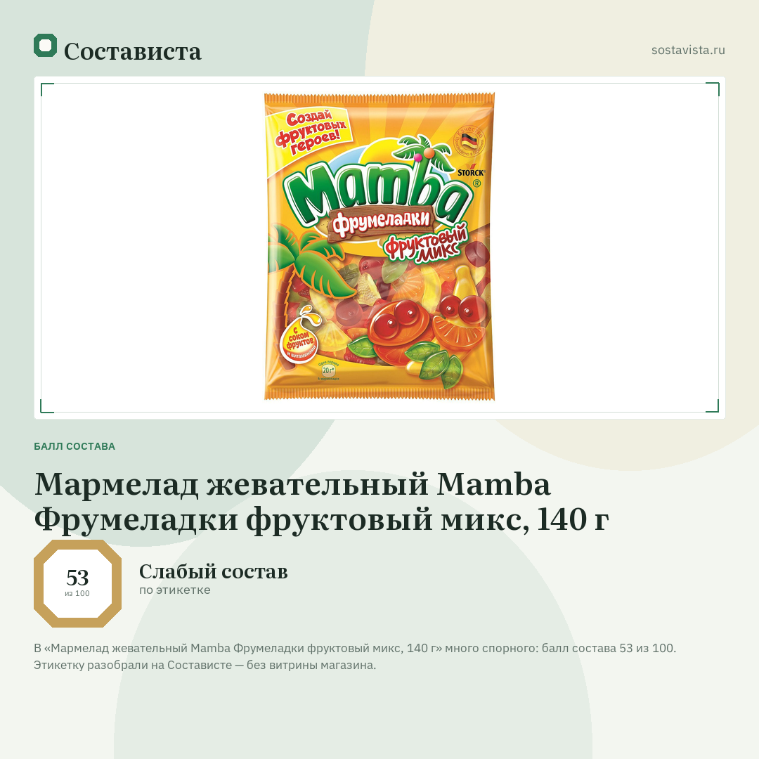 Мармелад жевательный Mamba Фрумеладки фруктовый микс, 140 г: балл состава 53 из 100 — Состависта