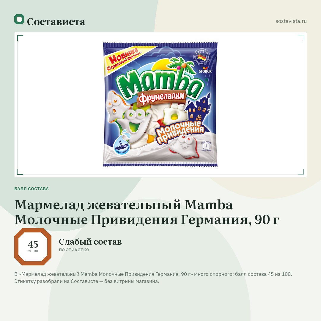 Мармелад жевательный Mamba Молочные Привидения Германия, 90 г: балл состава 45 из 100 — Состависта