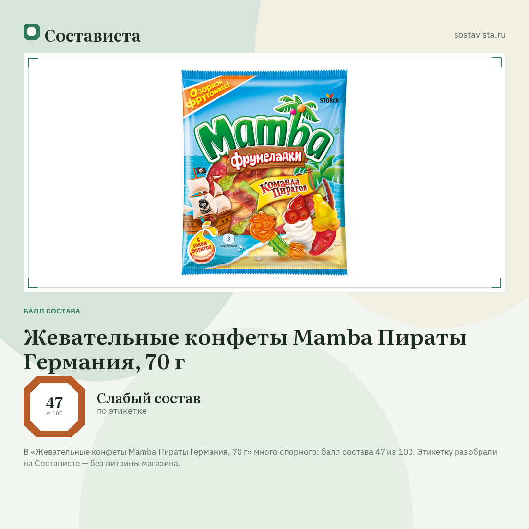 Жевательные конфеты Mamba Пираты Германия, 70 г: балл состава 47 из 100 — Состависта
