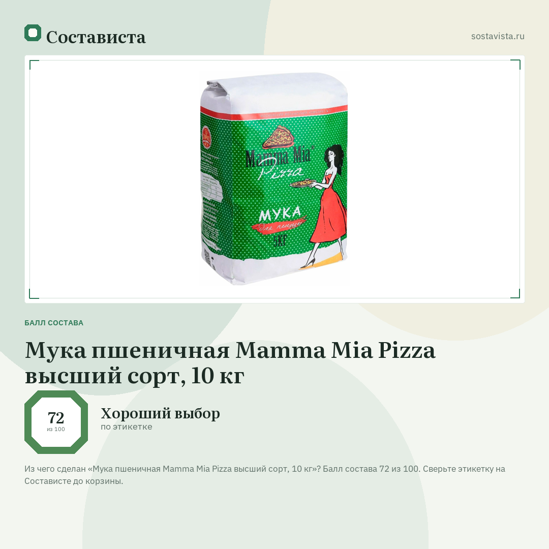 Мука пшеничная Mamma Mia Pizza высший сорт, 10 кг: балл состава 72 из 100 — Состависта