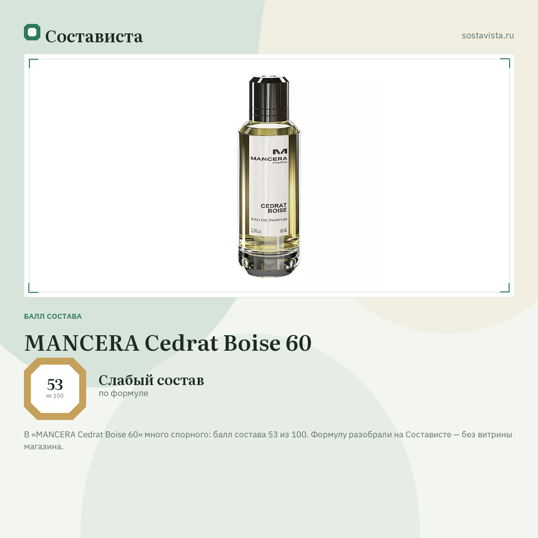 MANCERA Cedrat Boise 60: балл состава 53 из 100 — Состависта