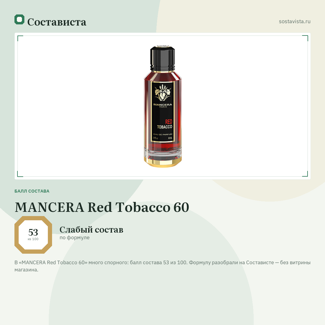 MANCERA Red Tobacco 60: балл состава 53 из 100 — Состависта
