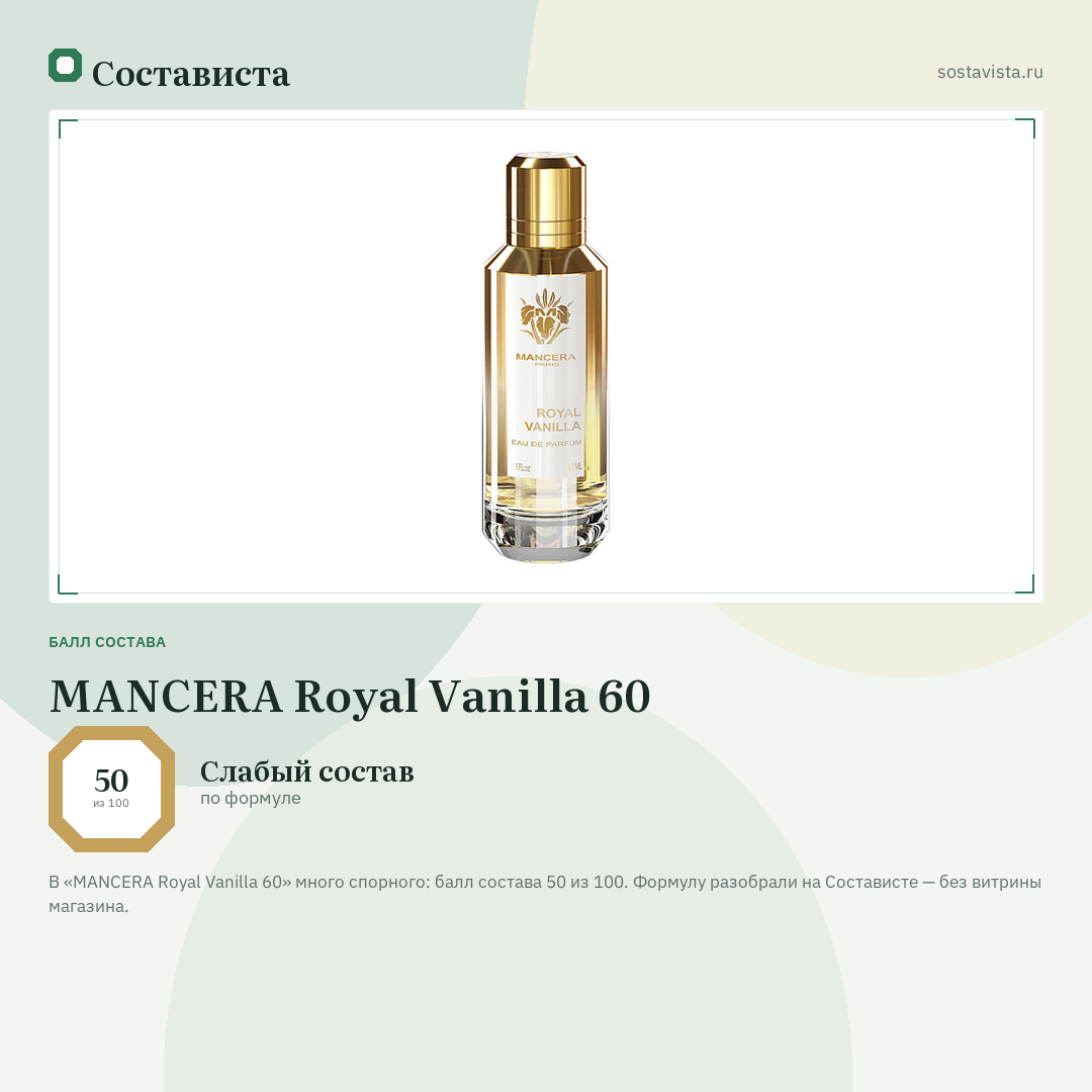 MANCERA Royal Vanilla 60: балл состава 50 из 100 — Состависта