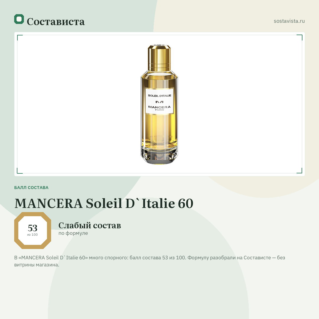 MANCERA Soleil D`Italie 60: балл состава 53 из 100 — Состависта