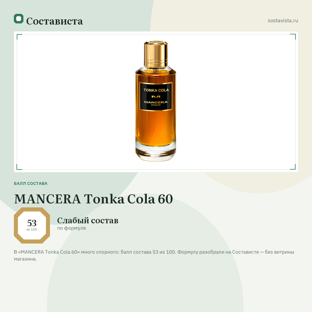 MANCERA Tonka Cola 60: балл состава 53 из 100 — Состависта