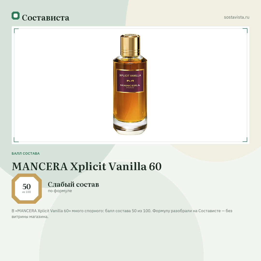 MANCERA Xplicit Vanilla 60: балл состава 50 из 100 — Состависта