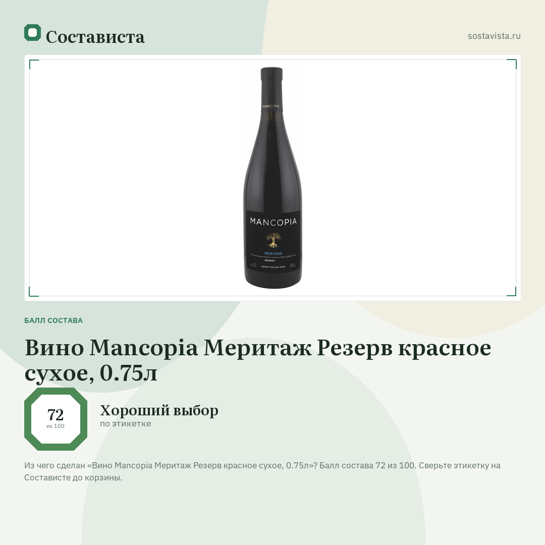 Вино Mancopia Меритаж Резерв красное сухое, 0.75л: балл состава 72 из 100 — Состависта