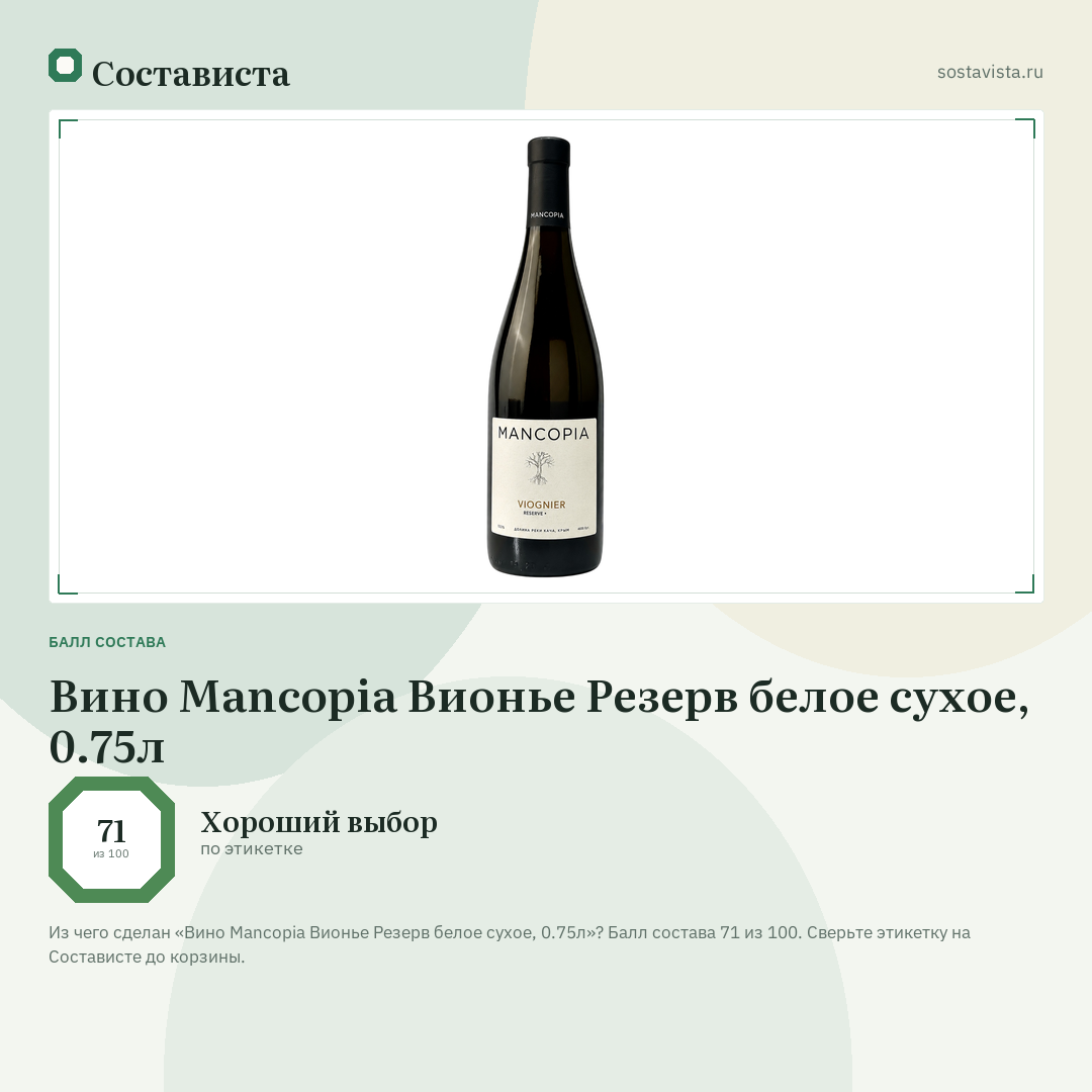 Вино Mancopia Вионье Резерв белое сухое, 0.75л: балл состава 71 из 100 — Состависта