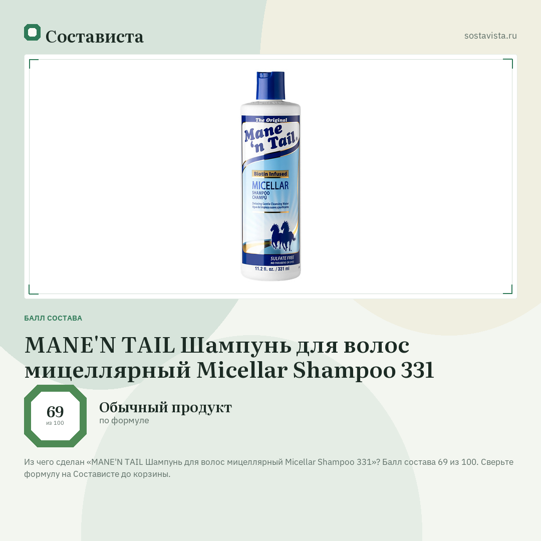 MANE'N TAIL Шампунь для волос мицеллярный Micellar Shampoo 331: балл состава 69 из 100 — Состависта