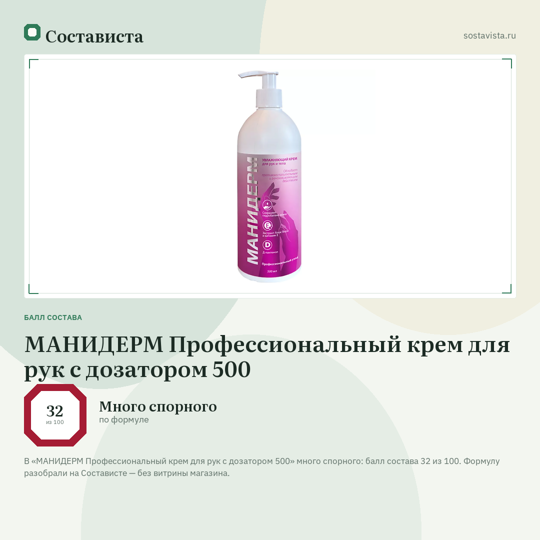 МАНИДЕРМ Профессиональный крем для рук с дозатором 500: балл состава 32 из 100 — Состависта