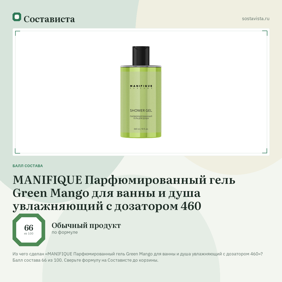 MANIFIQUE Парфюмированный гель Green Mango для ванны и душа увлажняющий с дозатором 460: балл состава 66 из 100 — Состависта
