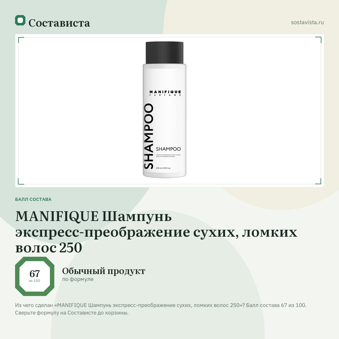 MANIFIQUE Шампунь экспресс-преображение сухих, ломких волос 250: балл состава 67 из 100 — Состависта