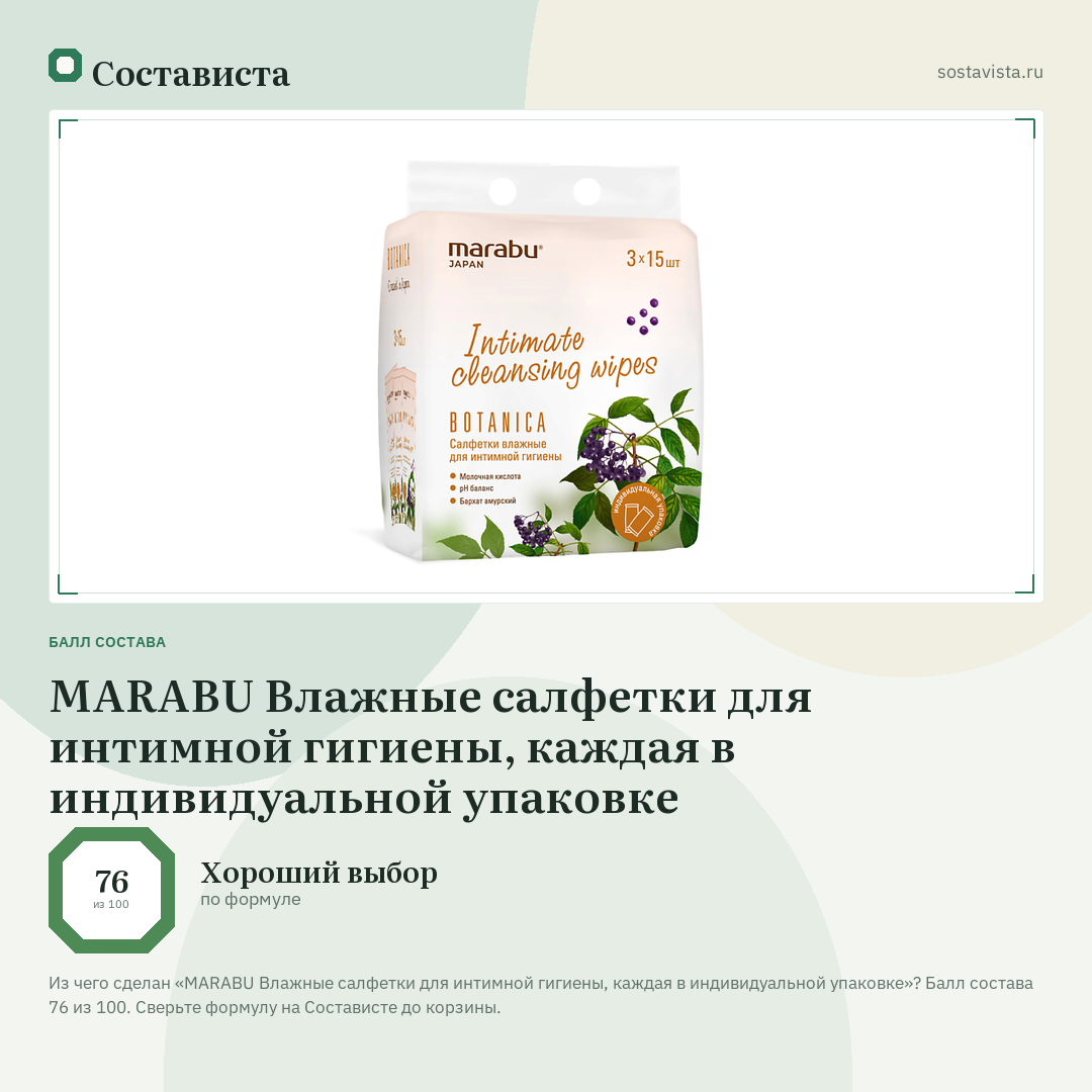MARABU Влажные салфетки для интимной гигиены, каждая в индивидуальной упаковке: балл состава 76 из 100 — Состависта