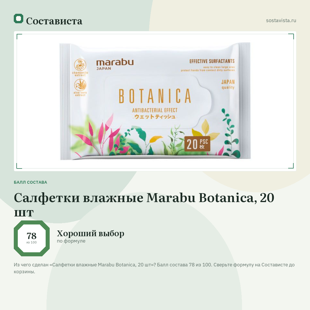 Салфетки влажные Marabu Botanica, 20 шт: балл состава 78 из 100 — Состависта
