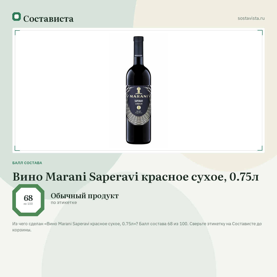 Вино Marani Saperavi красное сухое, 0.75л: балл состава 68 из 100 — Состависта