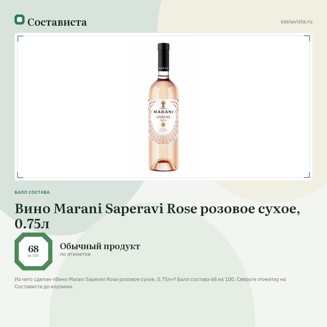 Вино Marani Saperavi Rose розовое сухое, 0.75л: балл состава 68 из 100 — Состависта