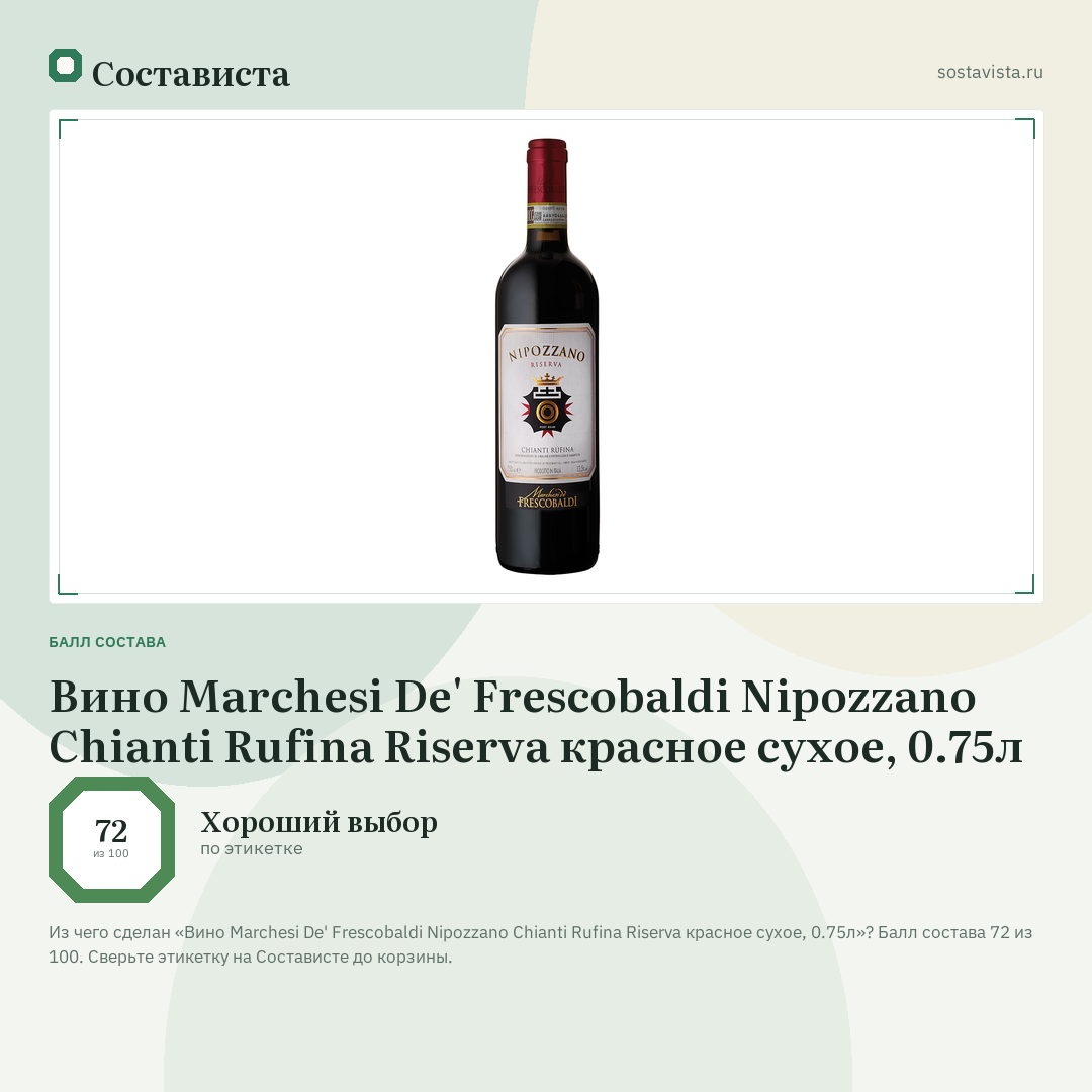 Вино Marchesi De' Frescobaldi Nipozzano Chianti Rufina Riserva красное сухое, 0.75л: балл состава 72 из 100 — Состависта