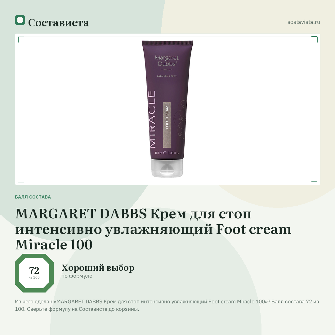 MARGARET DABBS Крем для стоп интенсивно увлажняющий Foot cream Miracle 100: балл состава 72 из 100 — Состависта