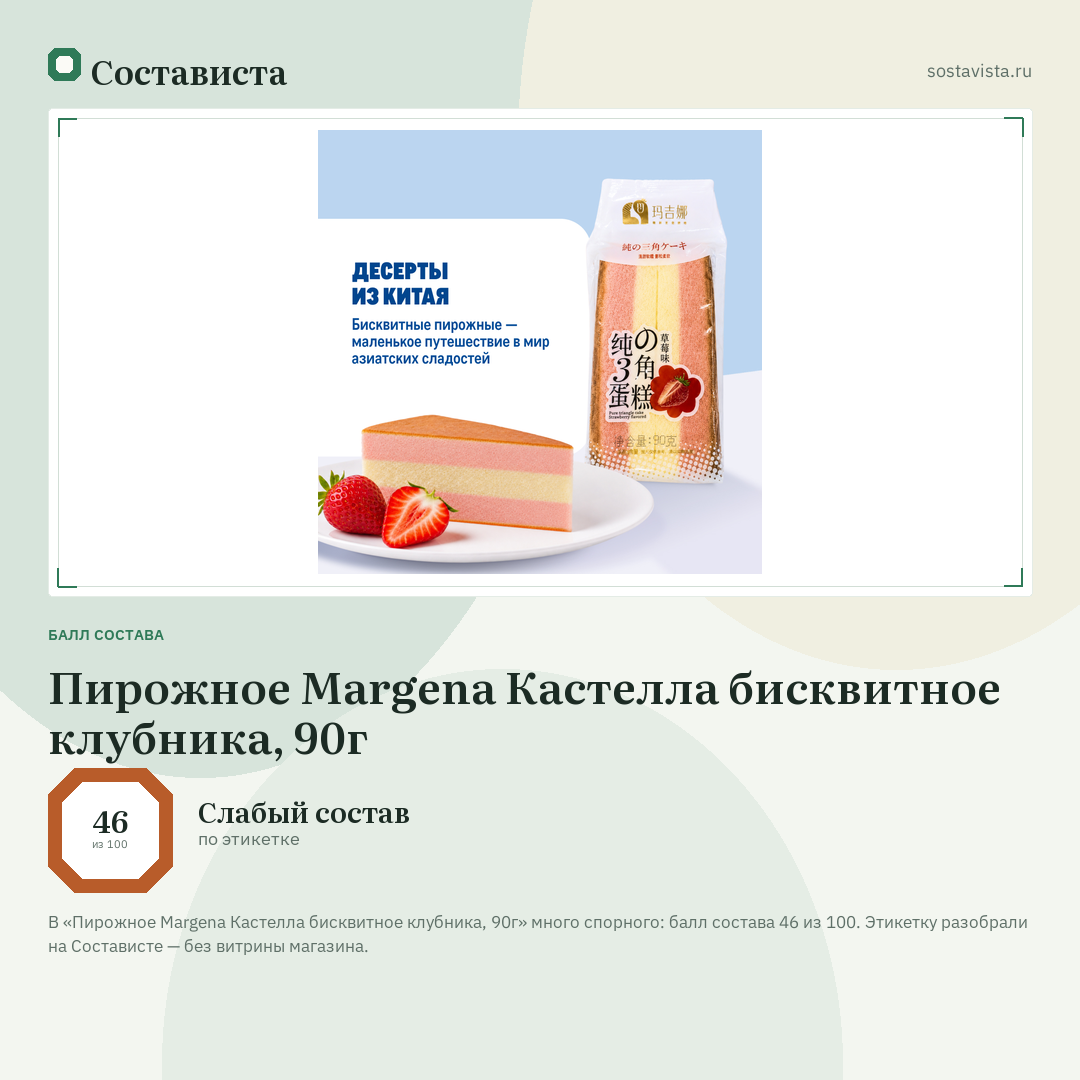 Пирожное Margena Кастелла бисквитное клубника, 90г: балл состава 46 из 100 — Состависта