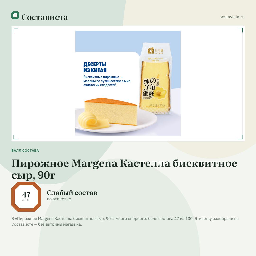 Пирожное Margena Кастелла бисквитное сыр, 90г: балл состава 47 из 100 — Состависта