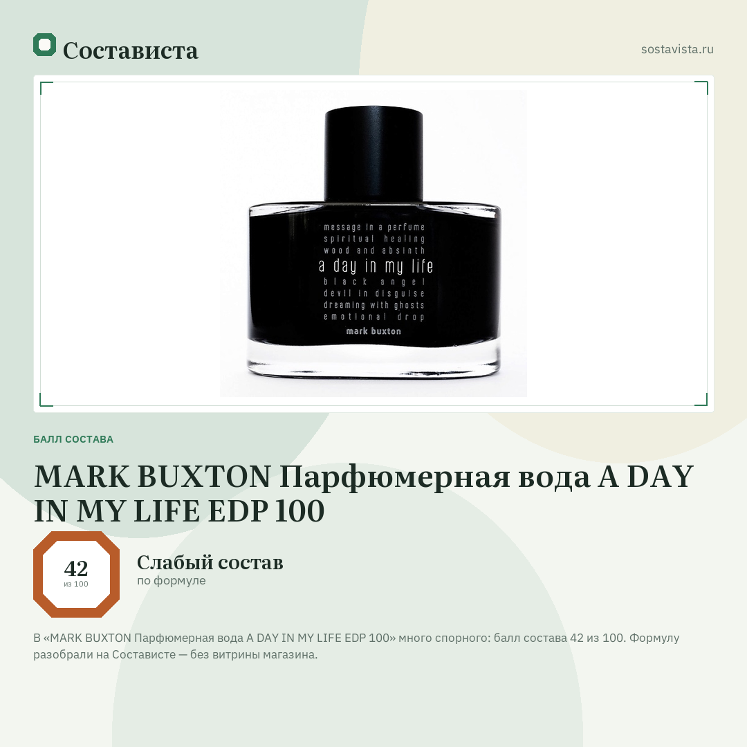 MARK BUXTON Парфюмерная вода A DAY IN MY LIFE EDP 100: балл состава 42 из 100 — Состависта