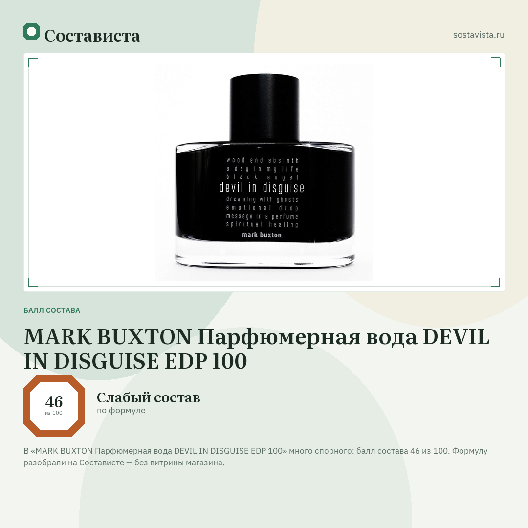 MARK BUXTON Парфюмерная вода DEVIL IN DISGUISE EDP 100: балл состава 46 из 100 — Состависта