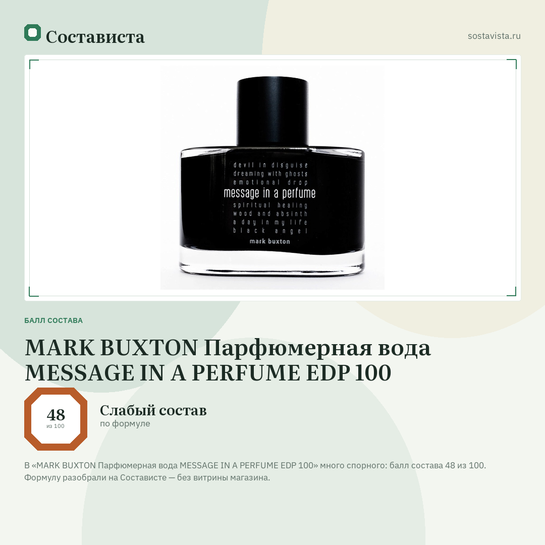 MARK BUXTON Парфюмерная вода MESSAGE IN A PERFUME EDP 100: балл состава 48 из 100 — Состависта