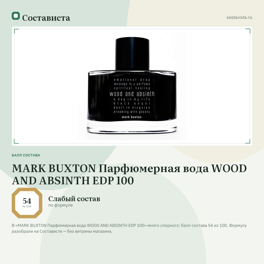 MARK BUXTON Парфюмерная вода WOOD AND ABSINTH EDP 100: балл состава 54 из 100 — Состависта