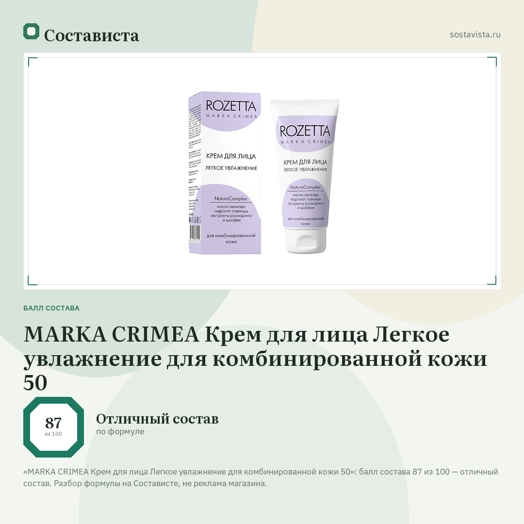 MARKA CRIMEA Крем для лица Легкое увлажнение для комбинированной кожи 50: балл состава 87 из 100 — Состависта