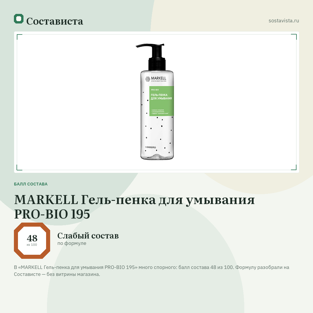 MARKELL Гель-пенка для умывания PRO-BIO 195: балл состава 48 из 100 — Состависта