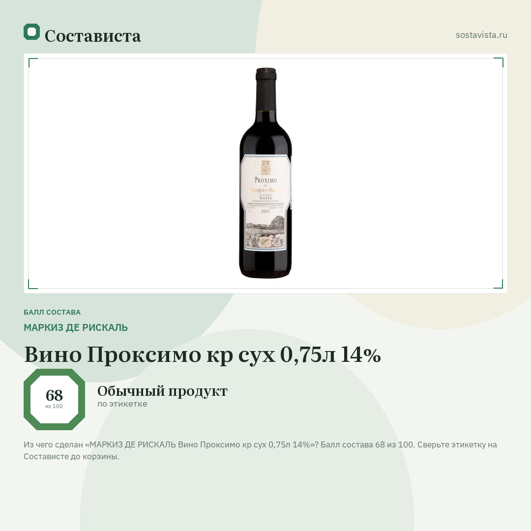МАРКИЗ ДЕ РИСКАЛЬ Вино Проксимо кр сух 0,75л 14%: балл состава 68 из 100 — Состависта