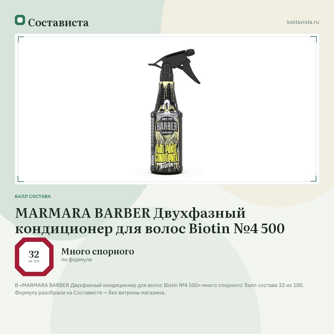 MARMARA BARBER Двухфазный кондиционер для волос Biotin №4 500: балл состава 32 из 100 — Состависта