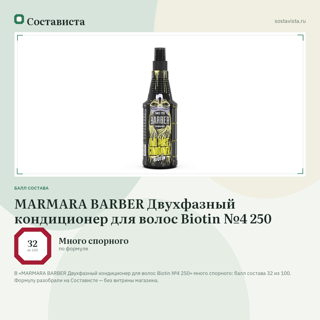 MARMARA BARBER Двухфазный кондиционер для волос Biotin №4 250: балл состава 32 из 100 — Состависта