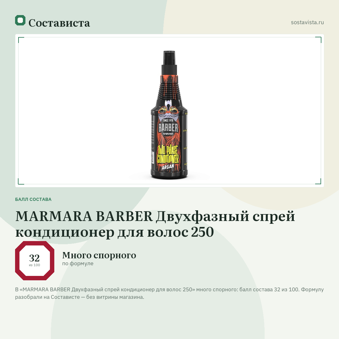 MARMARA BARBER Двухфазный спрей кондиционер для волос 250: балл состава 32 из 100 — Состависта
