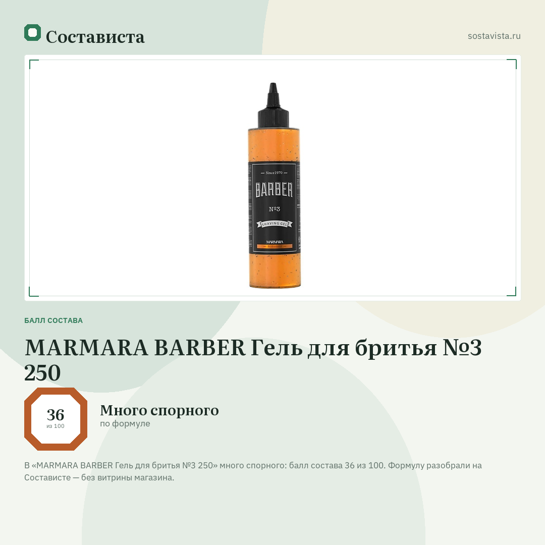 MARMARA BARBER Гель для бритья №3 250: балл состава 36 из 100 — Состависта