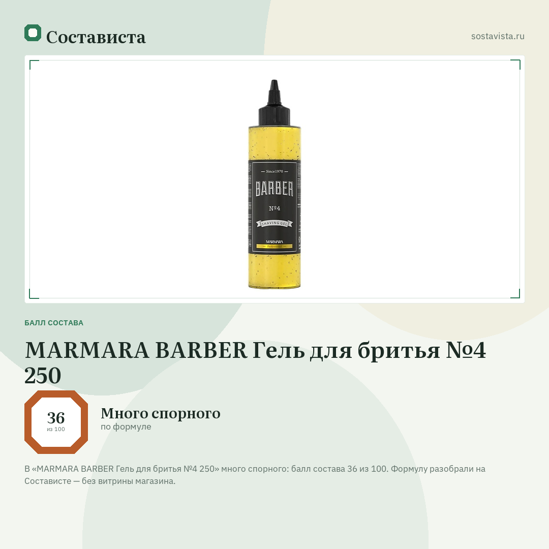 MARMARA BARBER Гель для бритья №4 250: балл состава 36 из 100 — Состависта