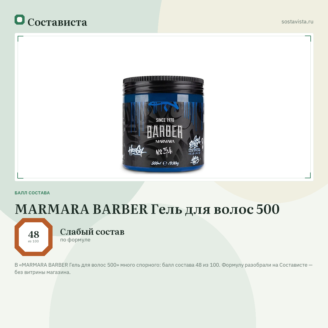 MARMARA BARBER Гель для волос 500: балл состава 48 из 100 — Состависта