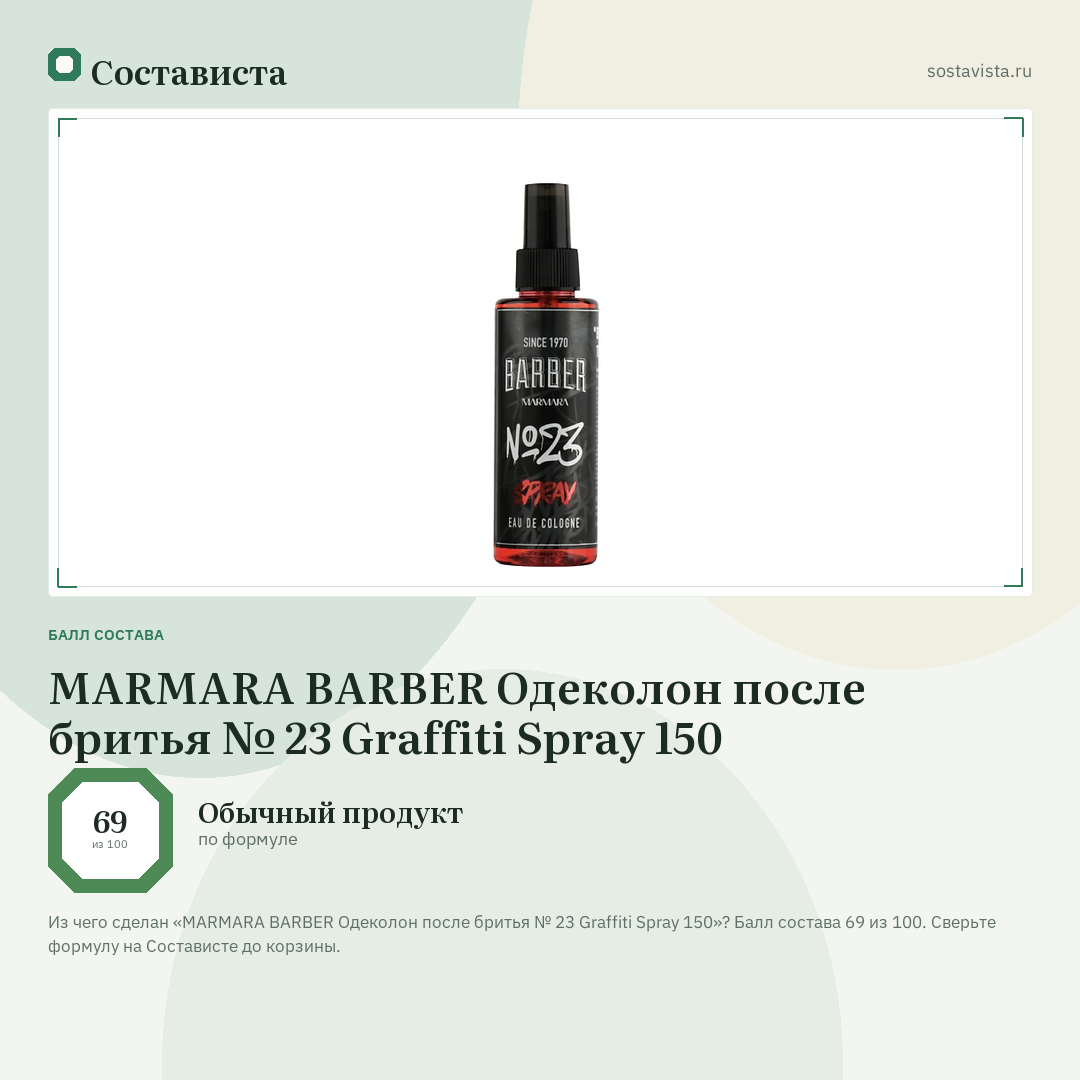 MARMARA BARBER Одеколон после бритья № 23 Graffiti Spray 150: балл состава 69 из 100 — Состависта