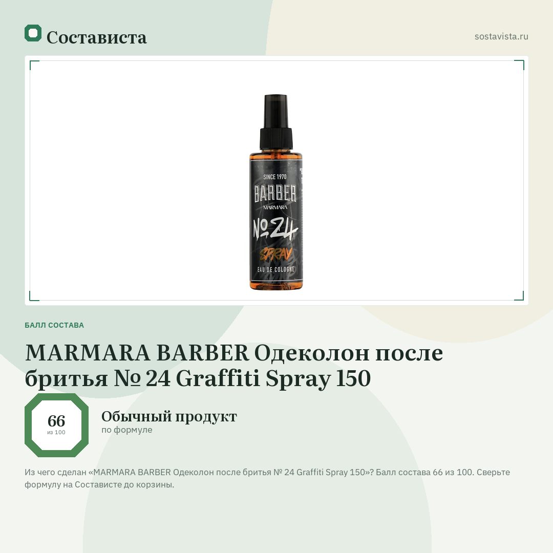 MARMARA BARBER Одеколон после бритья № 24 Graffiti Spray 150: балл состава 66 из 100 — Состависта