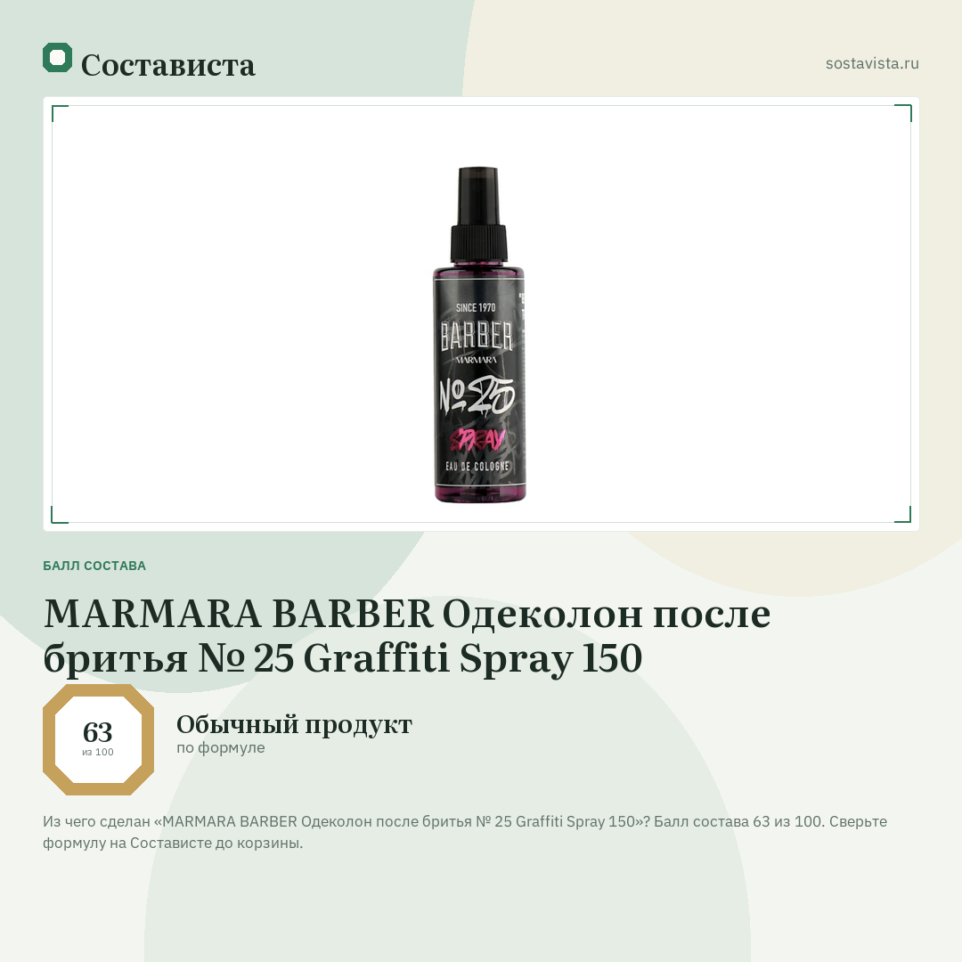 MARMARA BARBER Одеколон после бритья № 25 Graffiti Spray 150: балл состава 63 из 100 — Состависта